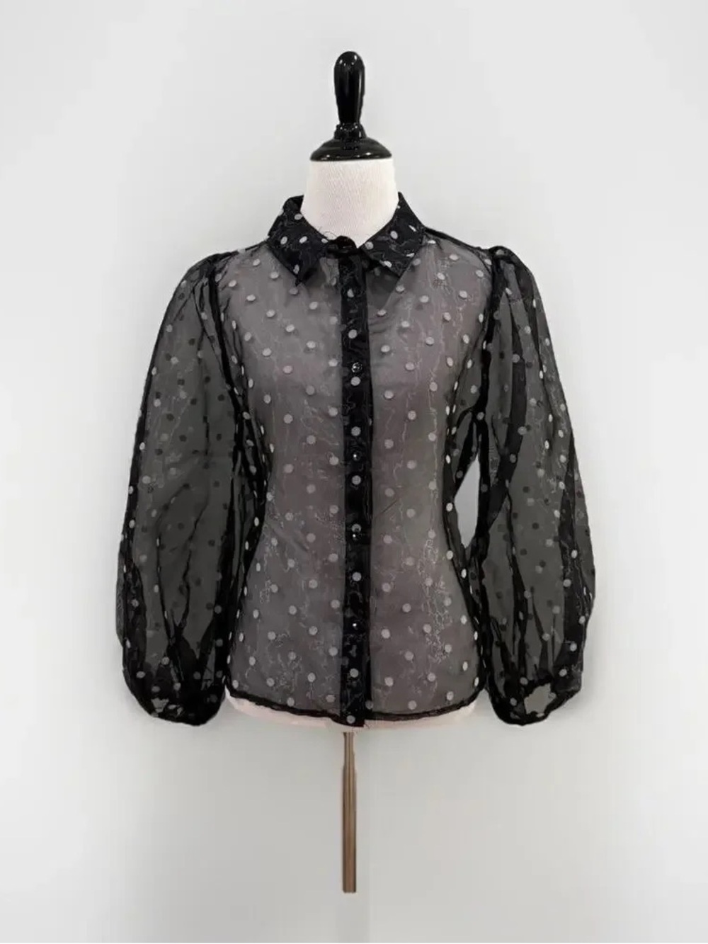 Sheer Black Dot-Textured Puff-Sleeve Button-Up Blouse